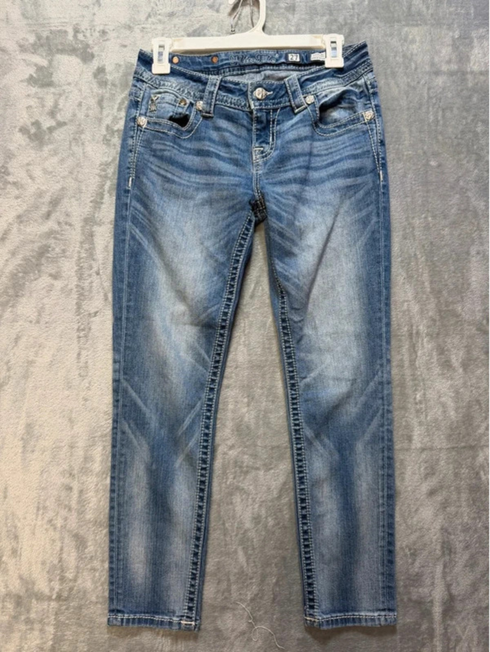 Miss Me Womens Ankle Skinny Jeans Blue Sequins Rhinestones Size 27 JP8715AK